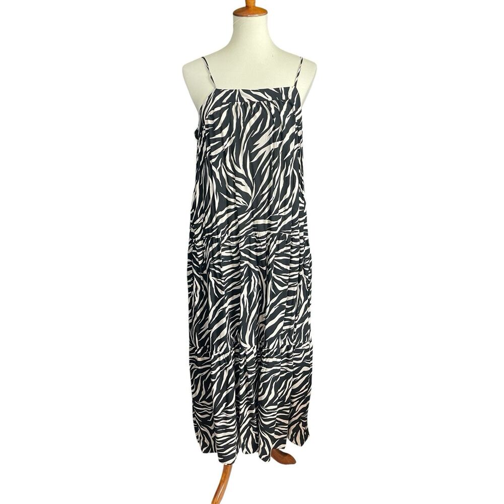 Time and True Maxi Dress Large Black & White Swirl Boho Peasant w/ Pockets